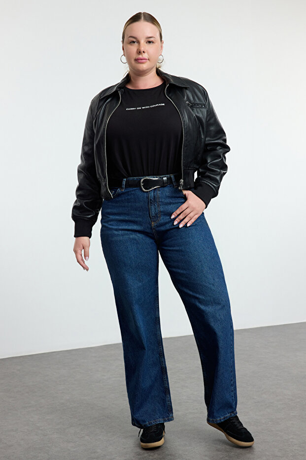 Koyu Mavi Yüksek Bel Vintage Yıkama Straight Fit %100 Pamuk Non-Stretch Jeans TBBSS24CJ00042 - 2