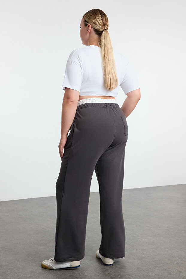 Antrasit Wide Leg Bel Detaylı Örme Büyük Beden Eşofman Altı TBBAW25AJ00005 - 5