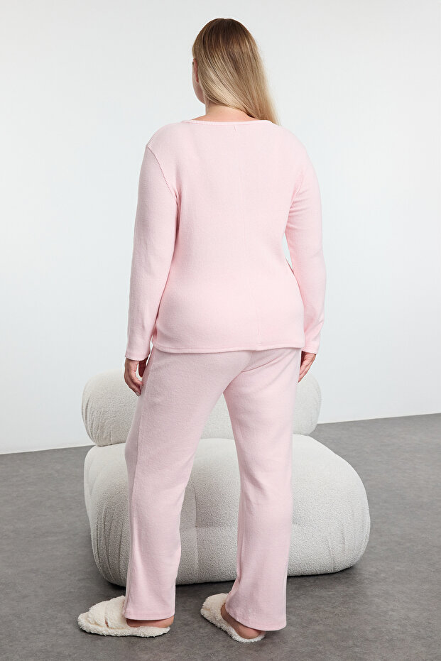 Pembe Fırçalı Soft Fitilli Hırkalı Örme Pijama Takımı TBBAW25AI00089 - 4