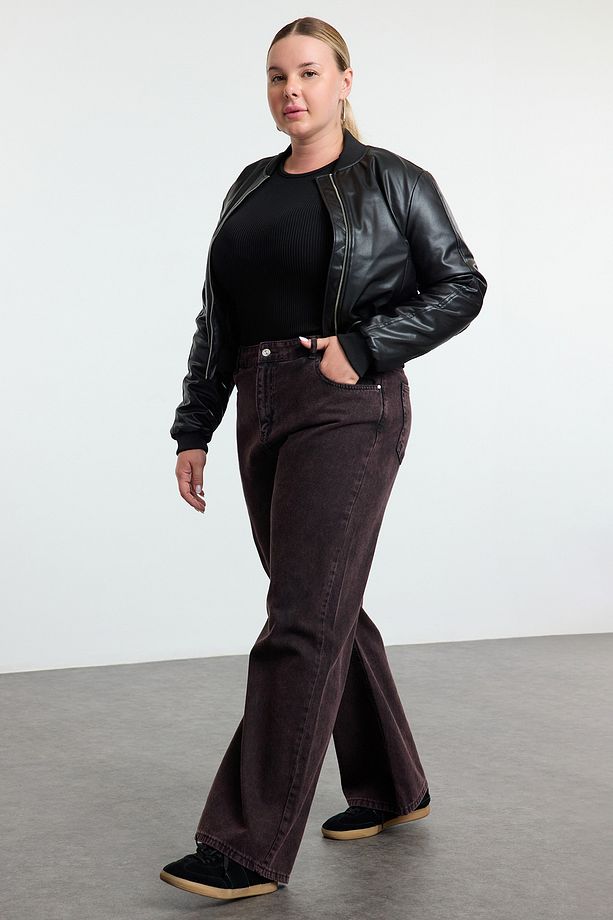 Bordo Yüksek Bel Geniş Paça Büyük Beden Wide Leg Jeans TBBSS24CJ00053 - 2