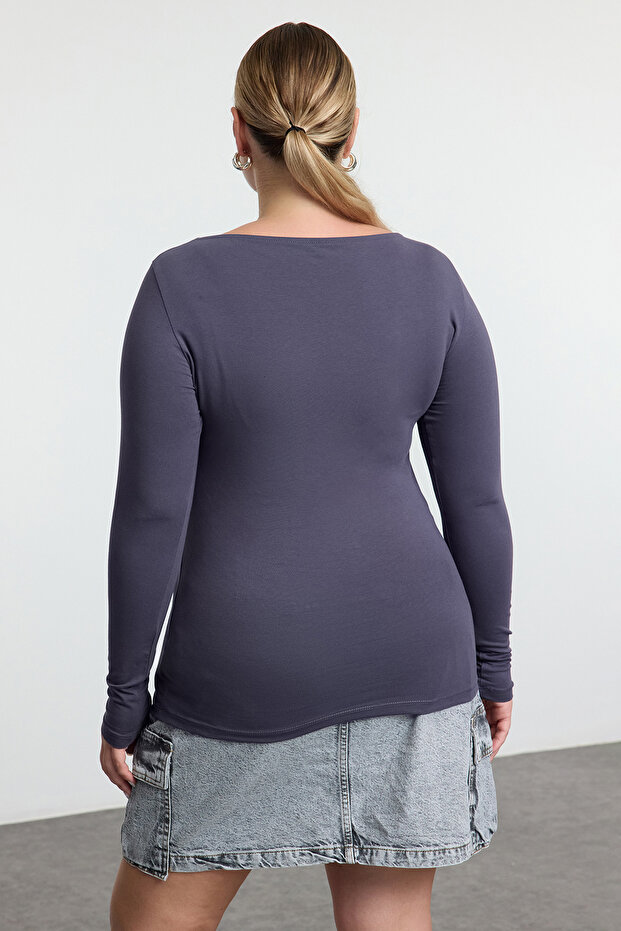 Nagy méretű szürke pamut póló - hosszú ujjú, alakformáló TBBAW25BF00000 - 5