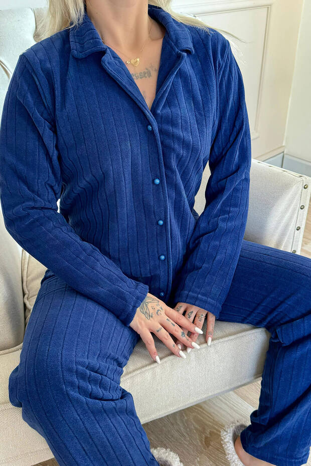 Navy Blue Plain Front Buttoned Plush Fleece Pajama Set - 5