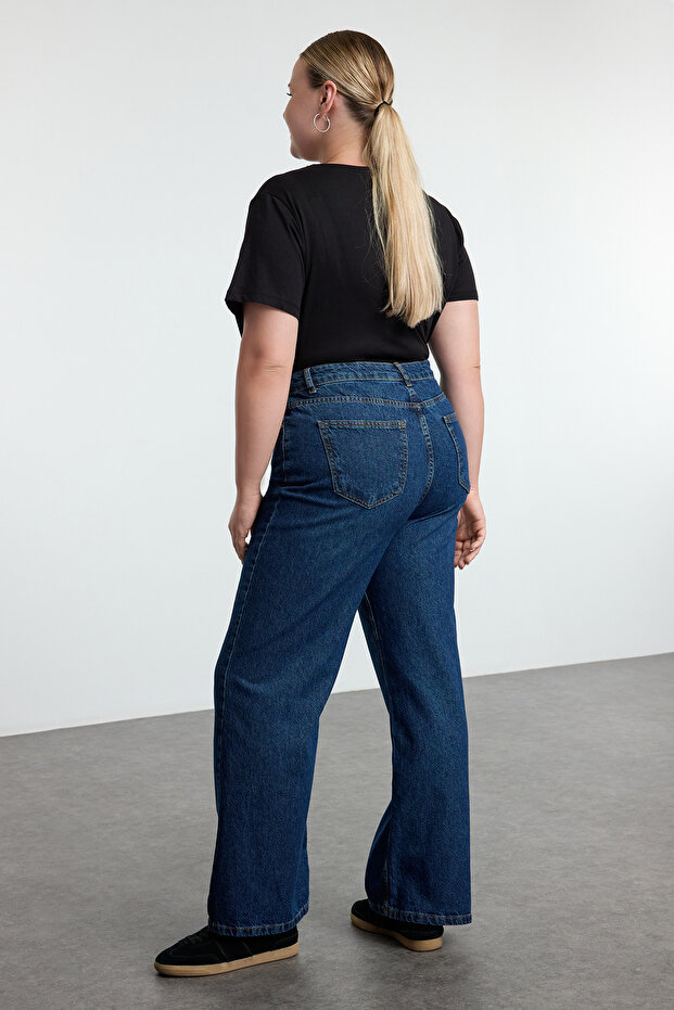 Koyu Mavi Yüksek Bel Vintage Yıkama Straight Fit %100 Pamuk Non-Stretch Jeans TBBSS24CJ00042 - 5