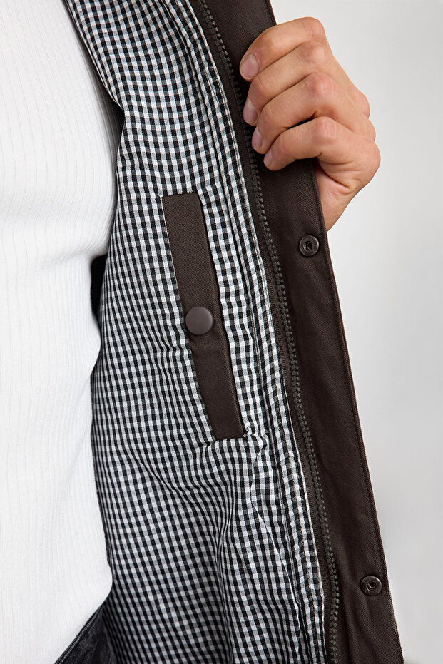 Hnědý, sametový límec Regular Fit podrobný unisex sezónní kabát Tmnaw25Mo00017 - 5