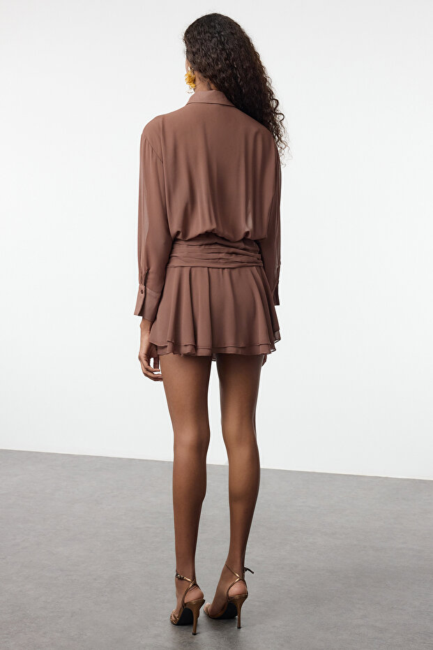 Kahverengi Gömlek Yaka Detaylı Boho Şifon Abiye Gece Mezuniyet Elbisesi TPRAW25EL00110 - 5