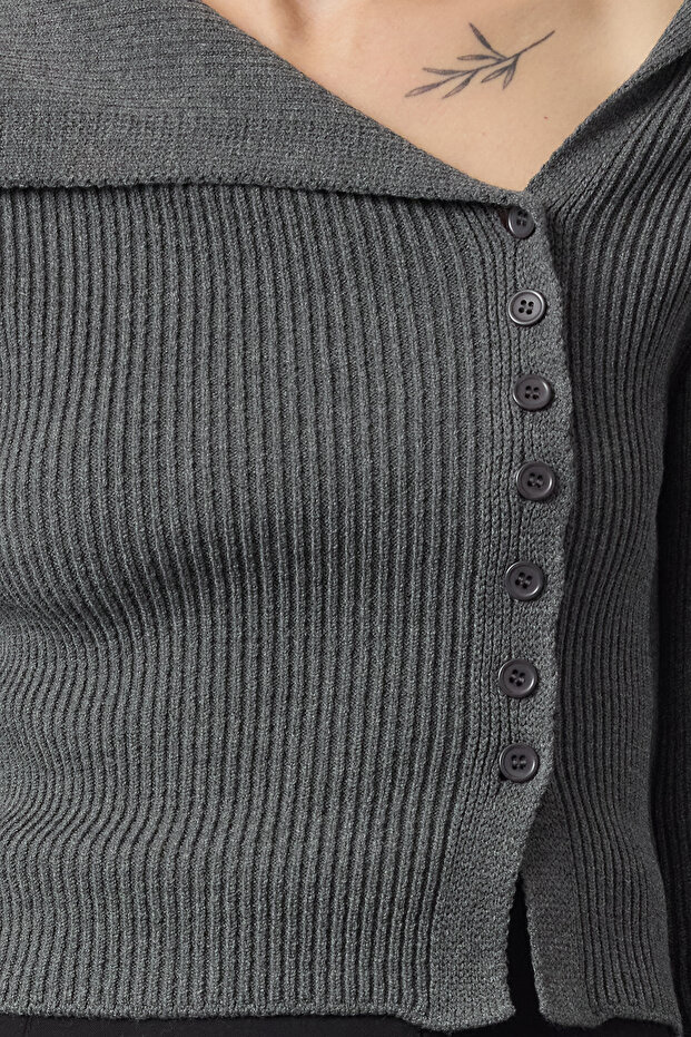 Antrasit Merserize Görünümlü Premium İplik/Özel İplik Fitted/Vücudu Saran Triko Hırka TWOAW25HI00254 - 3