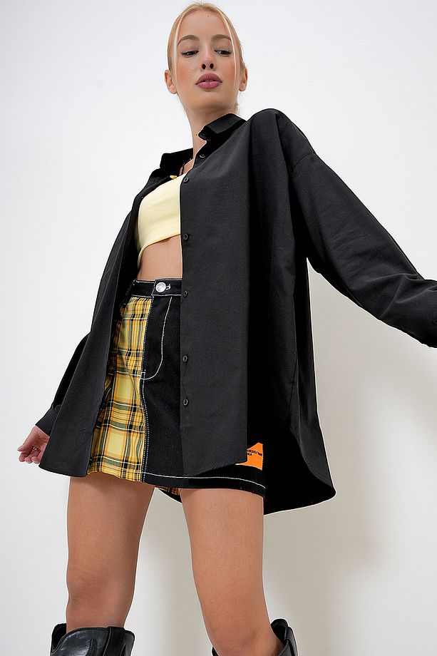 Kadın Siyah Oversize Uzun Basic Dokuma Gömlek PRM1098 - 4