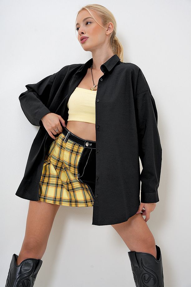 Kadın Siyah Oversize Uzun Basic Dokuma Gömlek PRM1098 - 5