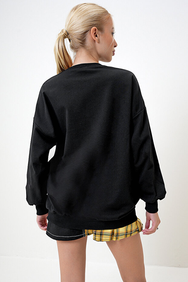 Kadın Siyah Bisiklet Yaka Oversize Basic Sweatshit PRM1053 - 6
