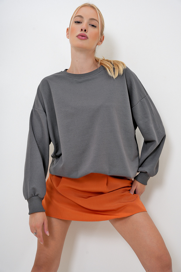 Kadın Antrasit Bisiklet Yaka Oversize Basic Sweatshit PRM1053 - 1