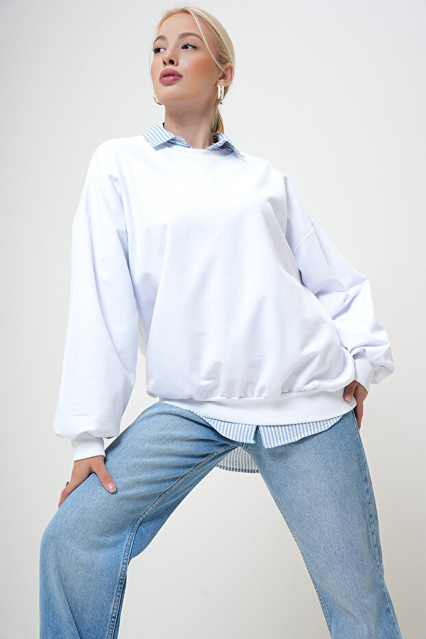 Kadın Ekru Bisiklet Yaka Oversize Basic Sweatshirt PRM1046 - 1