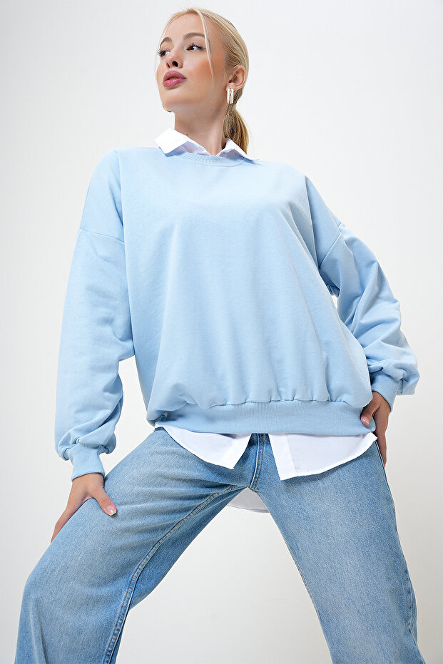 Kadın Mavi Bisiklet Yaka Oversize Basic Sweatshirt PRM1046 - 4
