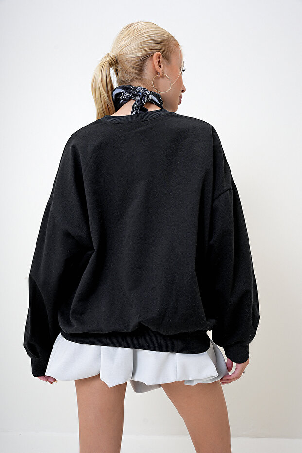Kadın Siyah Bisiklet Yaka Oversize Basic Sweatshirt PRM1046 - 6