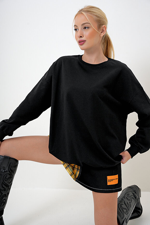 Kadın Siyah Bisiklet Yaka Oversize Basic Sweatshit PRM1053 - 5