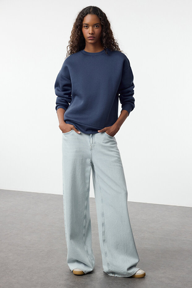 İndigo Düz Oversize/Rahat Kesim Basic Bisiklet Yaka Kalın/İçi polarlı Örme Sweatshirt TWOAW24SW00102 - 1