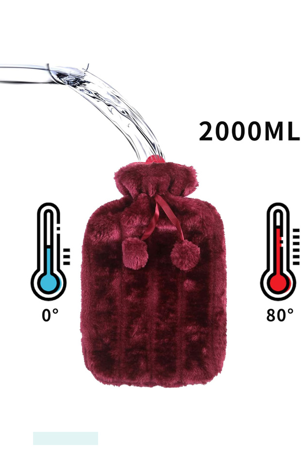 2 Liter Fuchsia Soft Plush Hot Water Bag with Pompom - 3