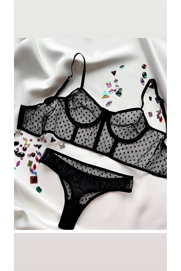 Kadın Siyah Puantiyeli Bralet Set - 1