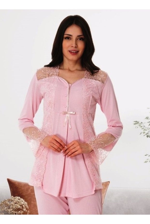 Women's Maternity Pregnant Lace Detailed Long Sleeve Stylish Pajama Set