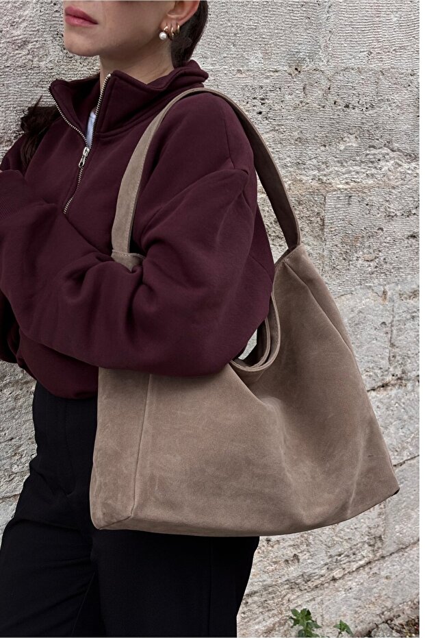 Suede Creme Casual Look Shopper Bag