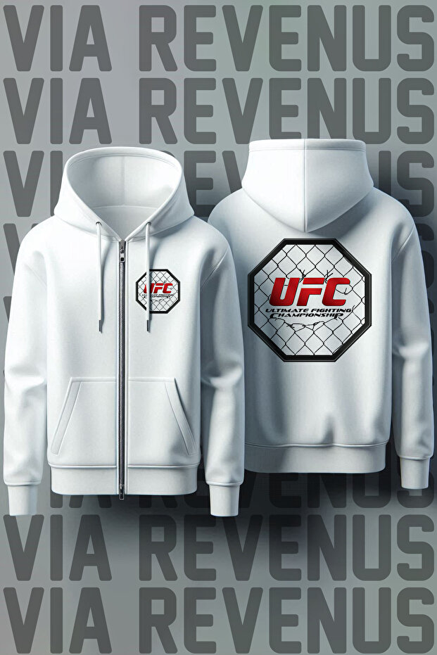 Ufc Front and Back Printed Unisex Zippered Hooded White Sweatshirt Cardigan