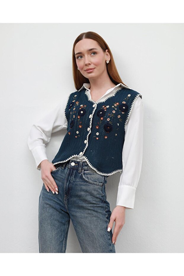 Kadın Mavi Örme Yelek - 4