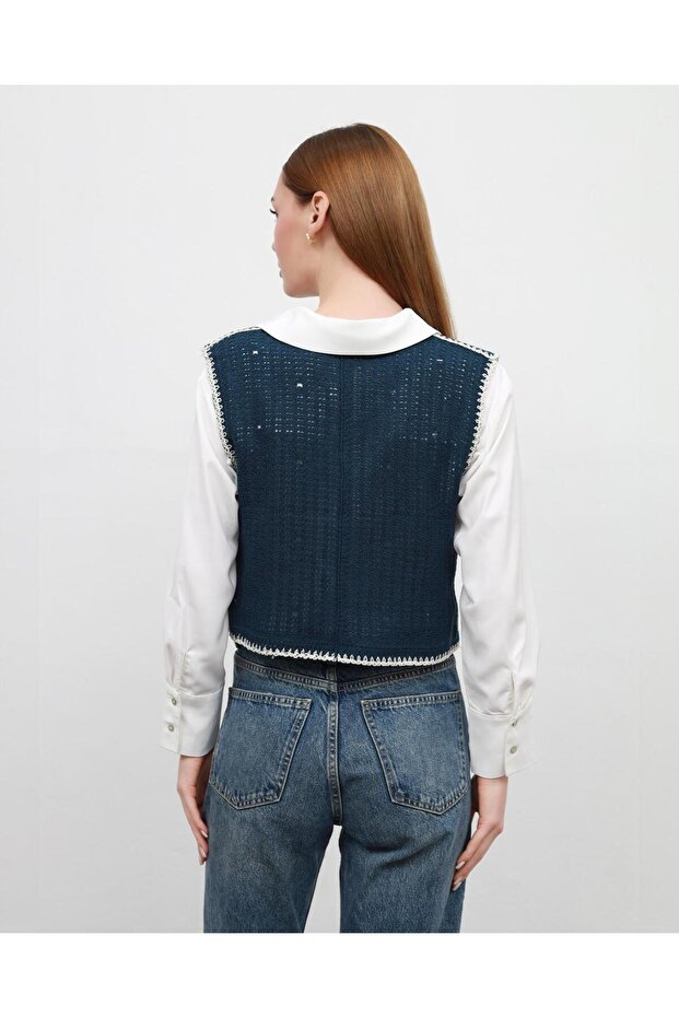 Kadın Mavi Örme Yelek - 6