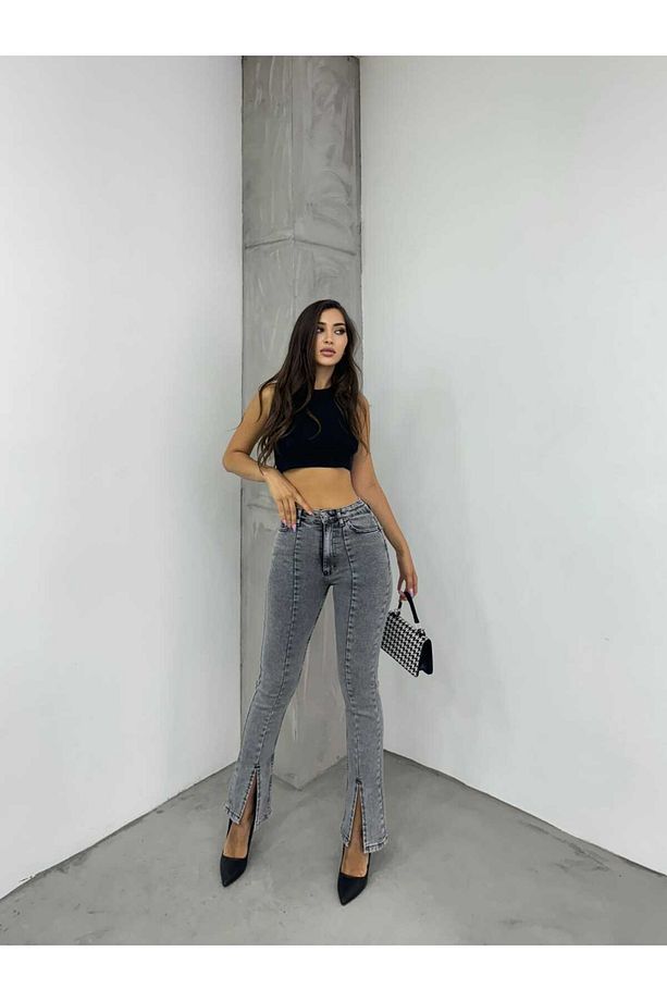 Füme İspanyol Paça Yırtmaçlı Jean  Kot Pantolon - 4