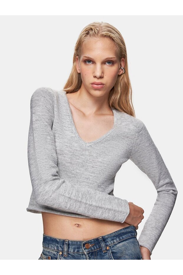 Basıc V Yaka Uzun Kollu Triko Gri Kazak - 4