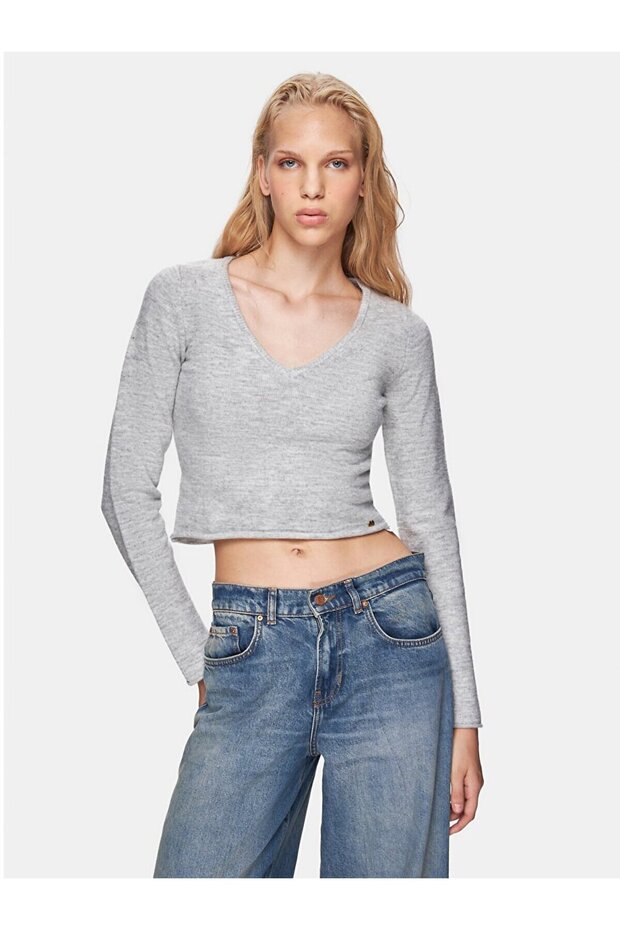 Basıc V Yaka Uzun Kollu Triko Gri Kazak - 2