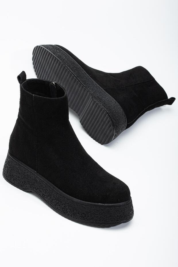 Fekete velúr női csizma - vastag talp és fűző nélküli arc - 1