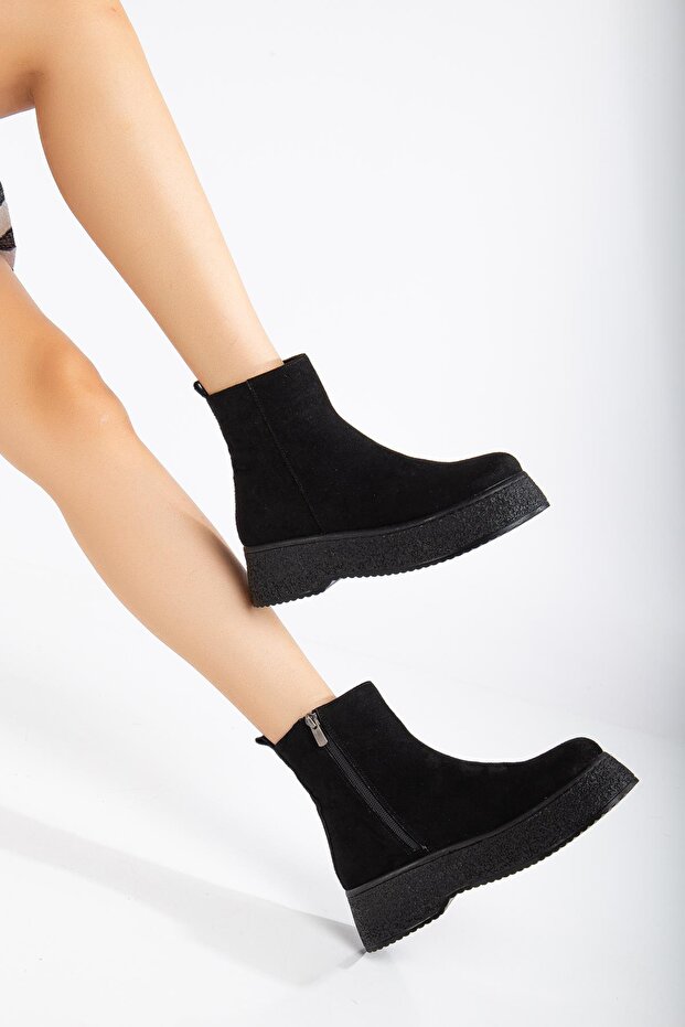 Fekete velúr női csizma - vastag talp és fűző nélküli arc - 2