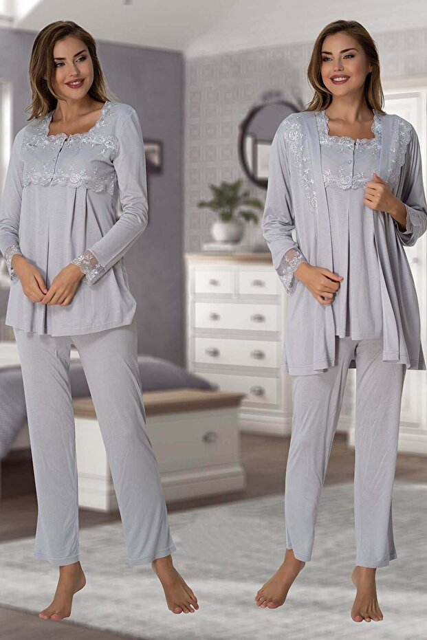 Pregnant Maternity Long Sleeve Pajama Set with Dressing Gown