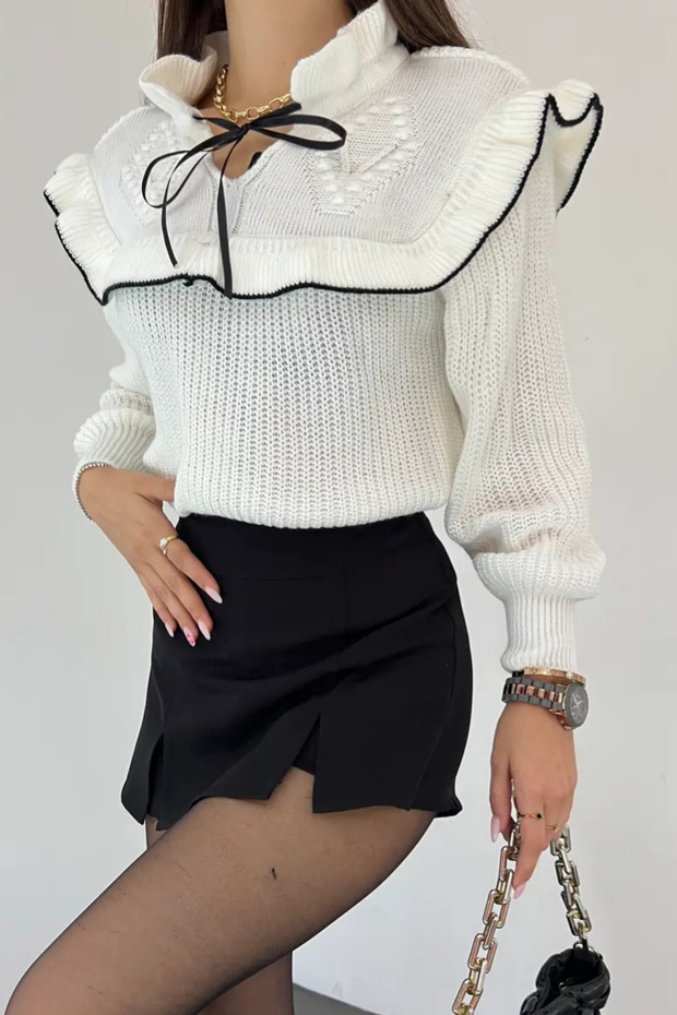 Women's White Lacing Detailed Valon Knitwear Sweater