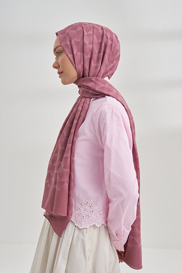 Cotton Monogram Geometric Pattern Shawl - Dried Rose - 2