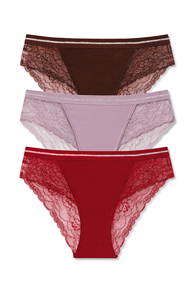 3-Piece Interlock Lace Detailed Glittery Elastic Waist Slip Women's Panties