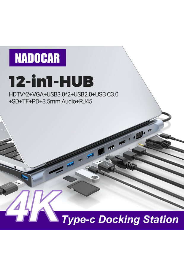 12 In 1 USB-C Docking Station, Aluminum Shell Type-C HUB With HDMI*2+PD 100W+USB 2.0/3.0+SD+TF+RJ... - 2