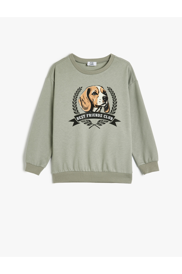 Oversize Sweatshirt Dog Printed Crew Neck Long Sleeve Cotton