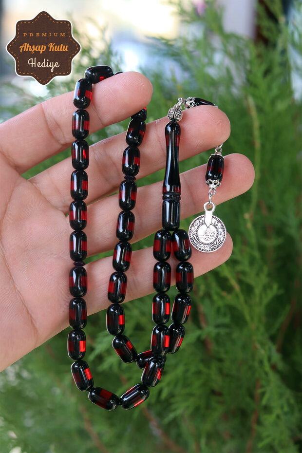 Capsule Cut Powder Amber Rosary with Red Sürmeli Tuğra Tassel 201023384