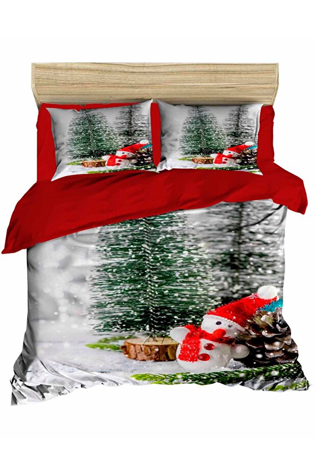 New Year's Pine Tree Snowman and Cone Digital Bedding Set