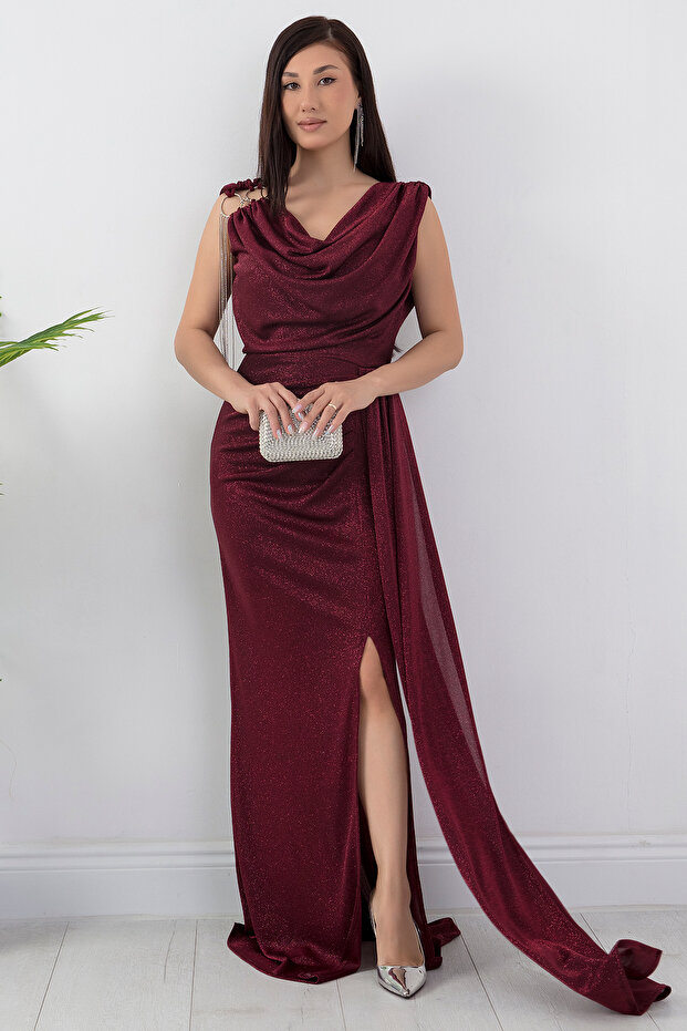 Omuz Aksesuarlı Simli Degaje Yaka Elbise 39878 - 1