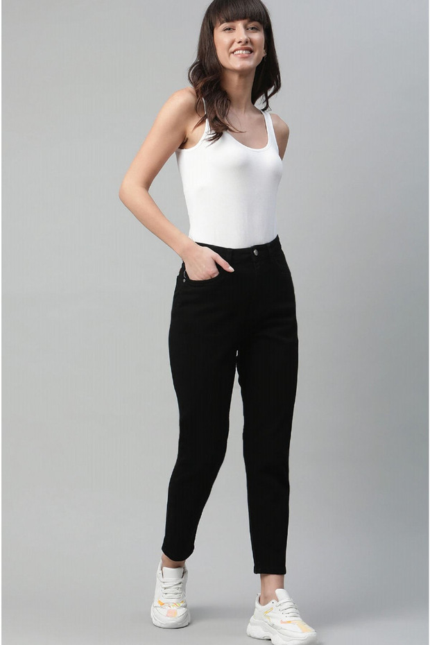 Bt13941511 Non-Fading Black Wash Denim High Waist Stretch Fabric Mom Jeans Pants