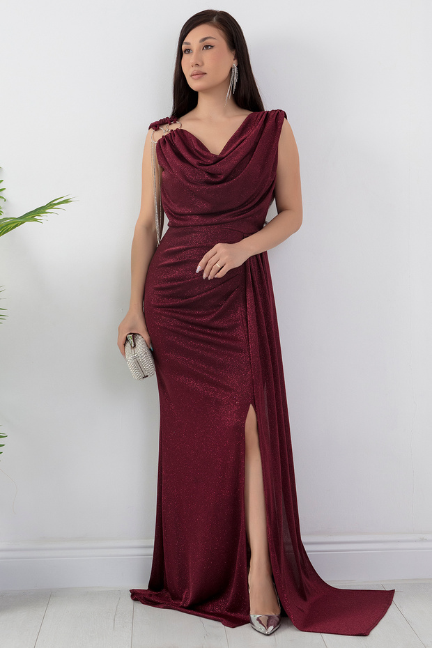 Omuz Aksesuarlı Simli Degaje Yaka Elbise 39878 - 6