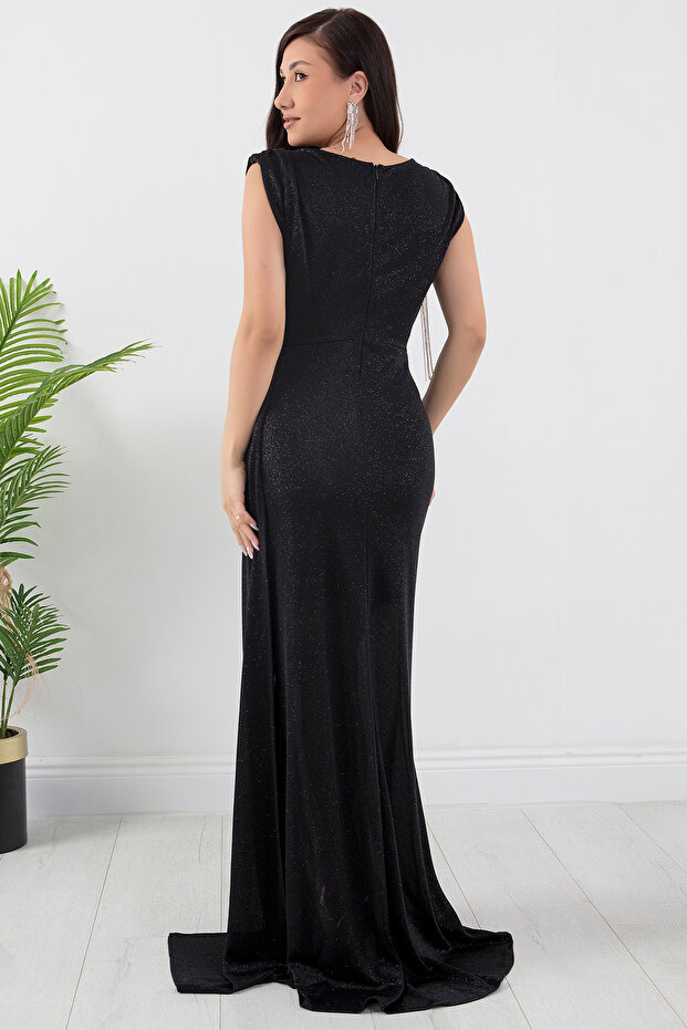 Omuz Aksesuarlı Simli Degaje Yaka Elbise 39878 - 7