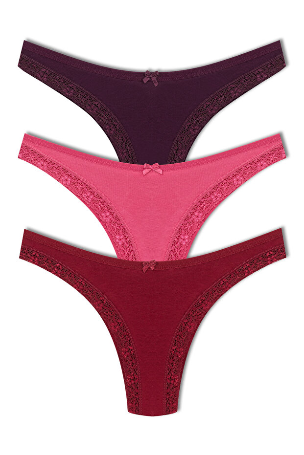 3-Piece Cotton Front Leg Lace Detailed Brazilian Women's Panties