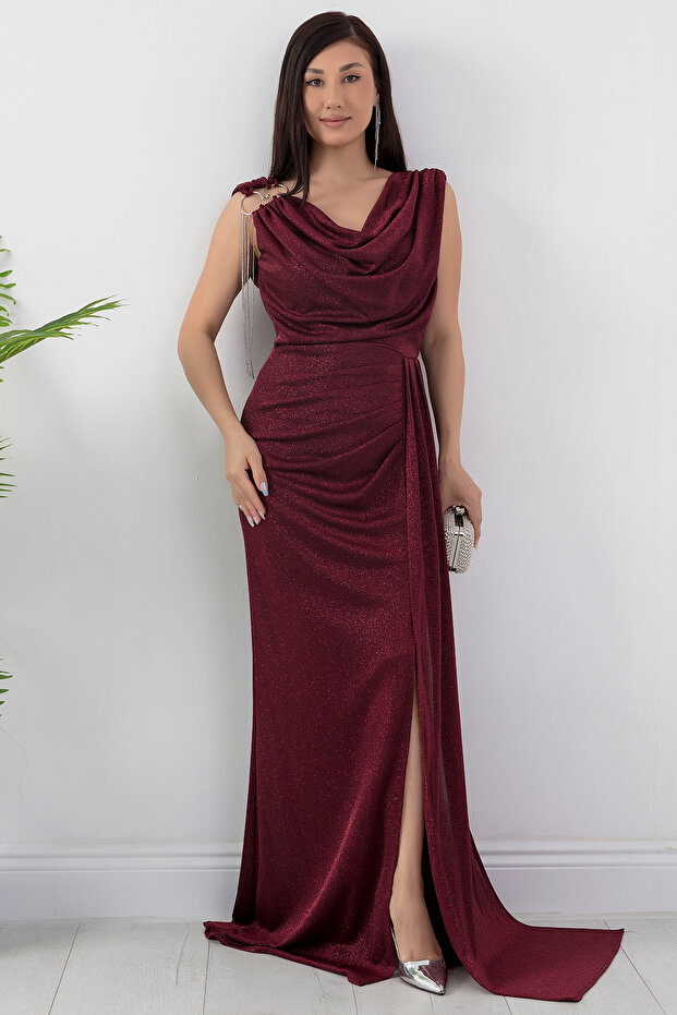 Omuz Aksesuarlı Simli Degaje Yaka Elbise 39878 - 4