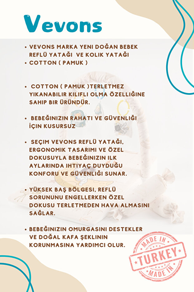 Bebek Reflü Yatağı, Fermuarlı, Yıkanabilir Kılıf, Özel Üretim, %100 Pamuk Kumaş - 7