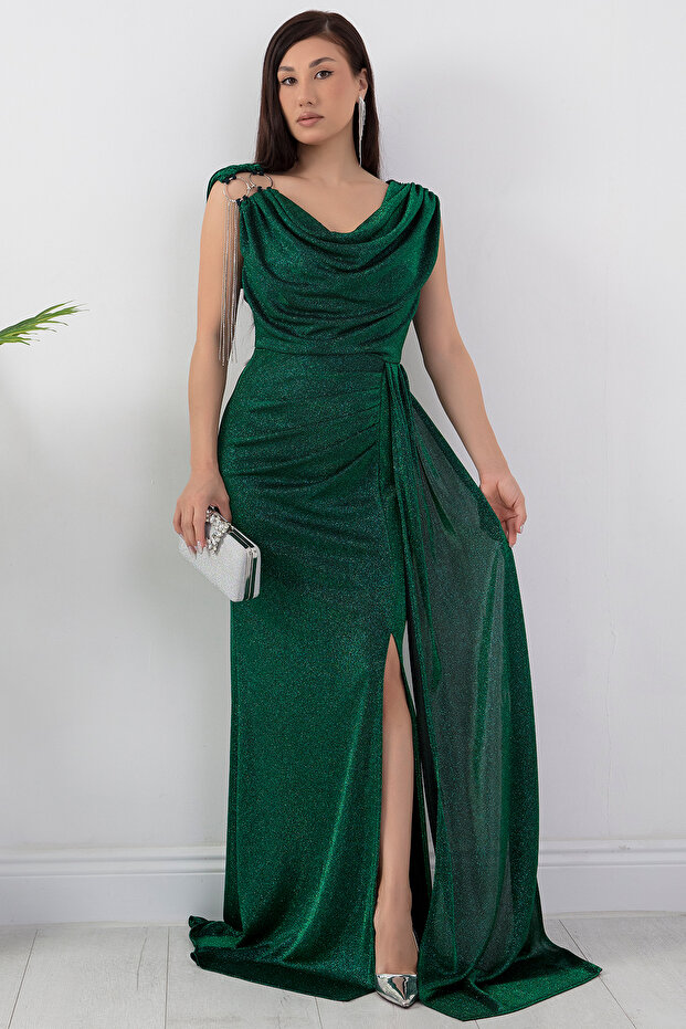 Omuz Aksesuarlı Simli Degaje Yaka Elbise 39878 - 6