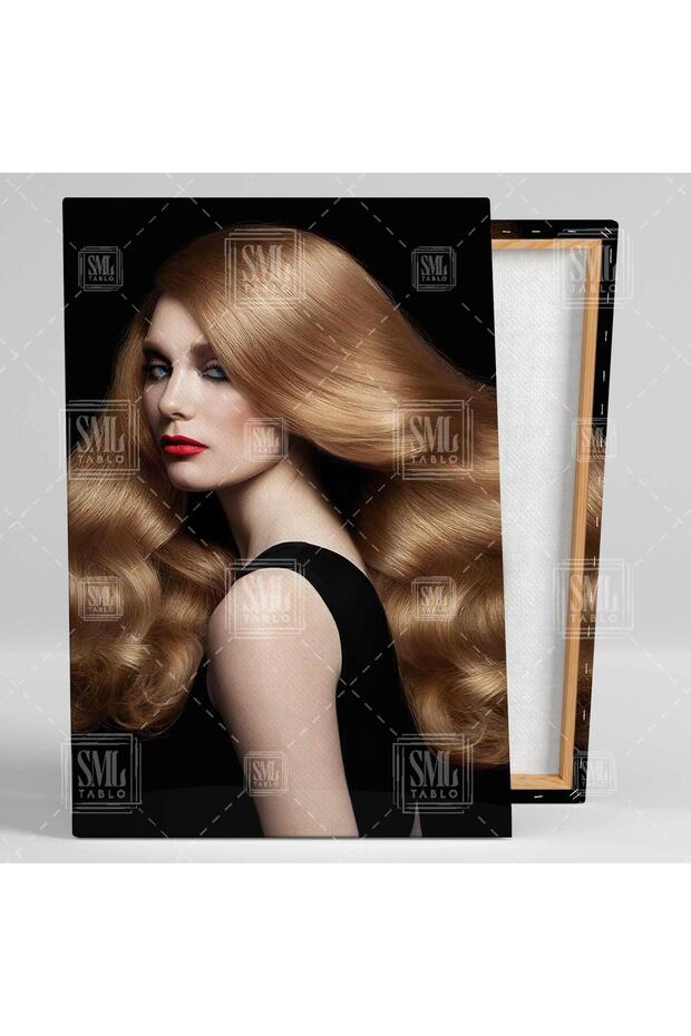 Dalgalı Sarı Saçlı Kuaför Modeli Kırmızı Ruj Make Up Kuaför Dekorasyon Kare Kanvas Tablo - 2
