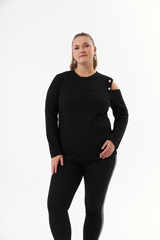 Plus Size Shoulder Detail Knitted Blouse Black