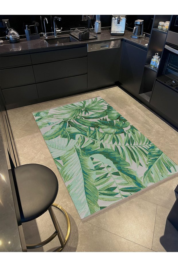 Angel Collection Green Tropical Leaves Patterned Woven Base Modern Decorative Carpet Melek08